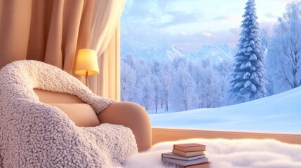 Canvas Print - A chair and books on a snowy window sill in front of an open door, AI