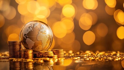 Golden Globe with Stacks of Coins and Bokeh Lights