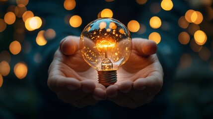 Wall Mural - Hand holding glowing lightbulb against bokeh background