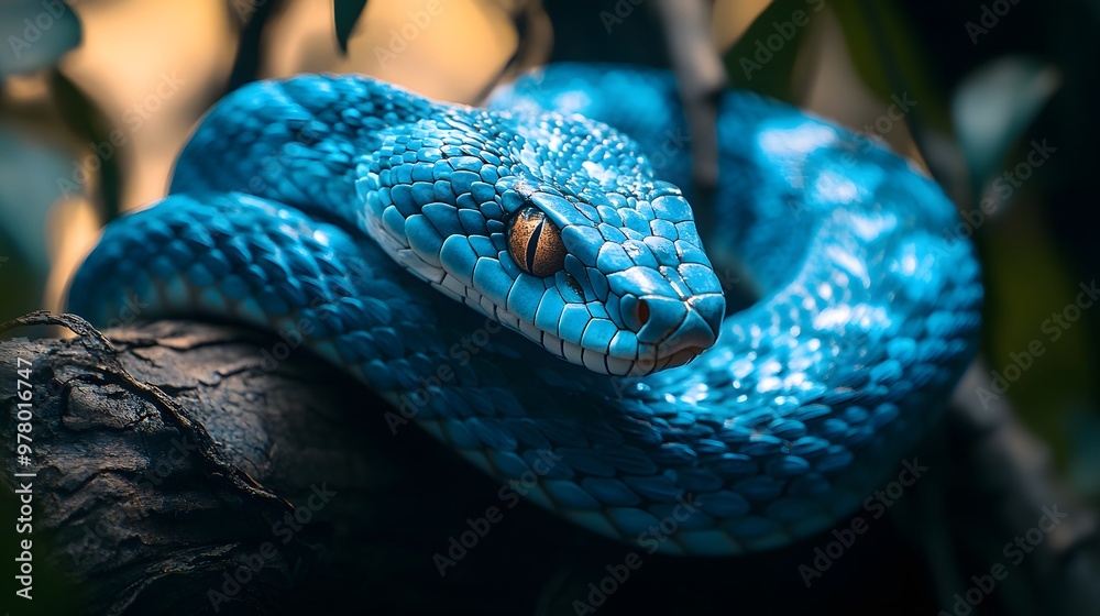 Foto De Stock Vivid Blue Pit Viper With Glowing Amber Eyes Coiled In A foto-de-stock-vivid-blue-pit-viper-with-glowing-amber-eyes-coiled-in-a