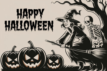 An old school vintage Halloween poster with a scary illustration of a witch and a skeleton. The background contains a trio of pumpkins with carved faces. The text 