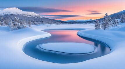 Poster - A river in a snowy landscape with mountains and trees, AI