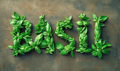 Wall Mural - Basil Letters Made of Basil Leaves on Rustic Background