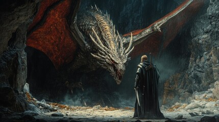 Canvas Print - A lone knight facing a menacing dragon in a dark cave