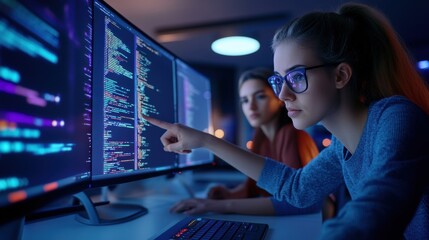 Two women are looking at a computer screen with many different colors, AI