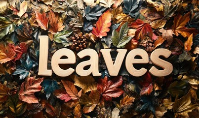 Wall Mural - Autumn leaves background with wooden 'leaves' sign.