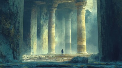 Canvas Print - A lone figure ascending the steps of an ancient, moss-covered temple.