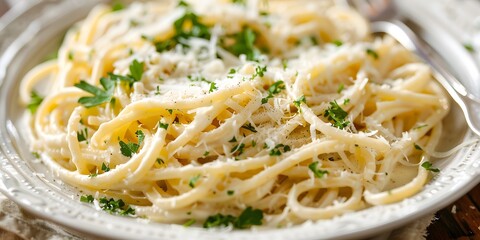 Wall Mural - Creamy alfredo pasta garnished with fresh herbs and shredded parmesan on a white plate