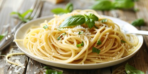 Wall Mural - Spaghetti topped with vibrant spinach and a sprinkle of breadcrumbs served on a rustic plate