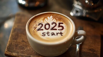 Wall Mural - 2025 start letter in coffee latte art on the table for newyear celebration.