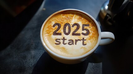Wall Mural - coffee shop with 2025 start word latte art on the table for new beginning.