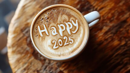 Wall Mural - celebrate and greeting happy 2025 word on coffee latte art for newyear time.