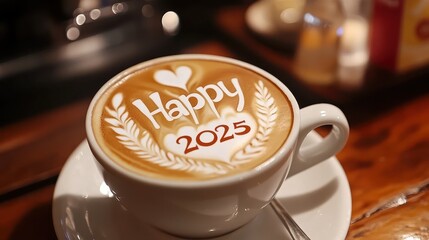 Wall Mural - latte art with happy 2025 year word design for in the coffee shop.