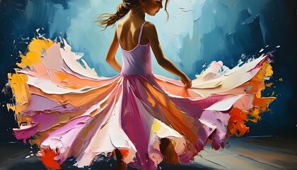 Whimsical Dance of a Girl in a Flowing Dress Captured in Vivid Oil Paints