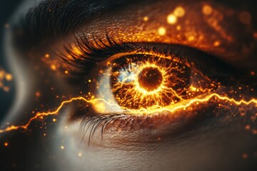 Futuristic eye with glowing orange veins radiating from the iris symbolizing neural connections energy surges and enhanced bio cybernetic vision in a high tech world