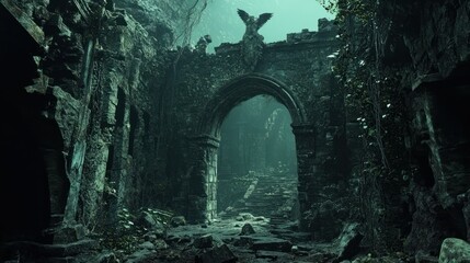 Wall Mural - Overgrown Stone Archway Leading to Foggy Path