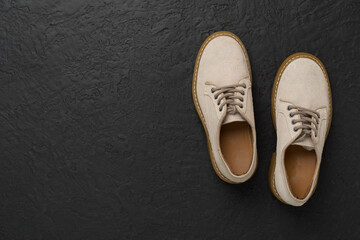 Wall Mural - Beige suede shoes on concrete background, top view