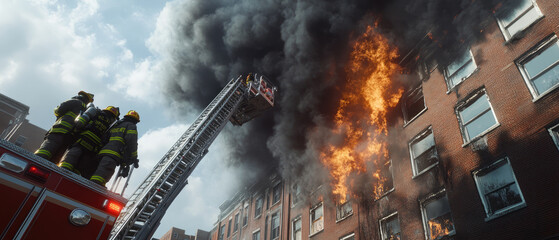 A fire is raging in a building and firefighters are trying to put it out. The scene is intense and chaotic, with the firefighters working hard to control the flames. Scene is one of urgency and danger