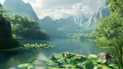 Sticker - Serene Mountain Lake with Lily Pads and Pink Flowers