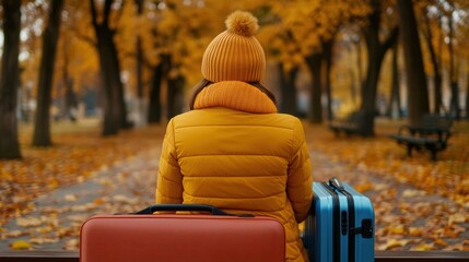 Wall Mural - A woman sitting on a bench with two suitcases and one backpack, AI