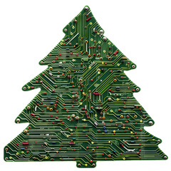 Poster - Christmas tree shape showing a printed circuit board on a white background, representing the technology and electronics industry during the holiday season
