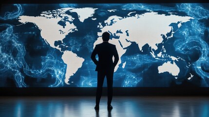 Wall Mural - A man in a suit standing next to an image of the world, AI