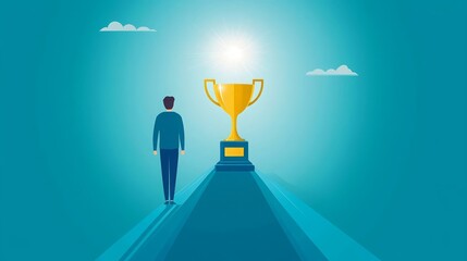 Business Achieve Success Goal Pathway leading to a shining trophy, symbolizing business journey to success, no face, flat design illustration