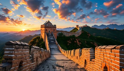 Wall Mural - Majestic panorama of the Great Wall snaking through lush mountains under a bright sky