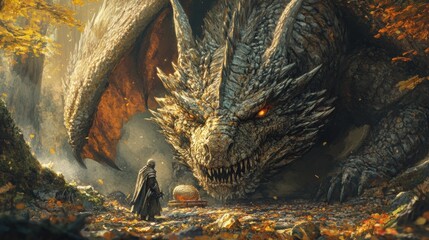 Canvas Print - A lone adventurer standing before a colossal dragon in a forest.