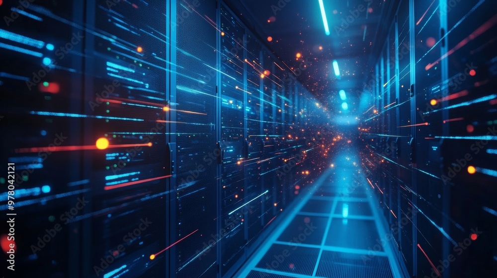 Futuristic server room with digital data streams in blue and orange ...