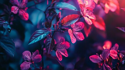 Wall Mural - vibrant pink and purple flowers illuminated by soft blue light at night