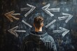 © Leo Rohmann - Man standing in front of a blackboard with arrows surrounding his head symbolizing overwhelming decision making complexity in business or life and the challenge of resolving conflicting options