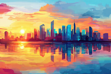 A dynamic cityscape at sunset with vibrant hues reflecting off the water, the skyline filled with towering skyscrapers glowing in the golden light, creating a peaceful yet energetic urban scene.