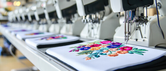 A row of embroidered white shirts with flowers on them. The shirts are being sewn by a machine