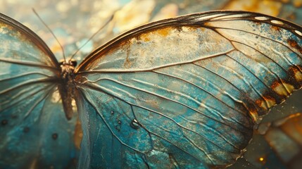 Wall Mural - Close-up of a Blue Morpho Butterfly's Wing with Detailed Veins and Texture