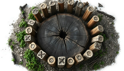 Top view of a large number of wooden runes that form a runic circle lie behind a broken wooden stump. Nature and vegetation. The concept of magic and mysticism isolated with white highlights, png