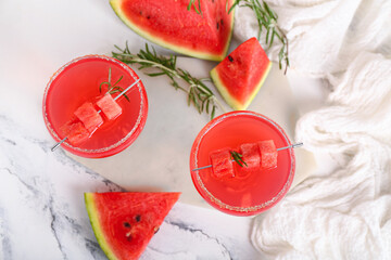 Poster - Board with glasses of tasty watermelon cocktail on white grunge background