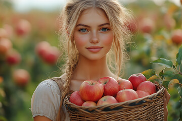 cute girl standing in a garden, holding a wicker basket full of apples. Bright, natural setting with lush greenery and ripe fruit