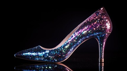 High heel fashion shoes with glitter on black background