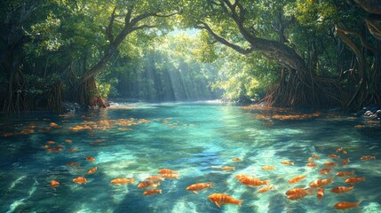 Wall Mural - Coastal lagoon with mangrove trees, fish darting about, shallow clear water, soft early morning lighting