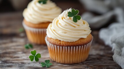 Two Cupcakes With White Frosting and Green Clover Leaves