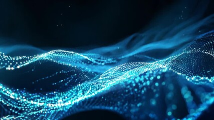 Abstract video motion blue particles forming waves, digital technology abstract background