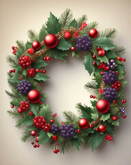 Canvas Print - Decorated wreath with ornaments and berries