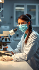 Wall Mural - Female lab technician in protective glasses, gloves and face mask sits next to a microscope in laboratory isolated with white highlights, png