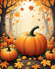 Poster - Pumpkin surrounded by fall leaves