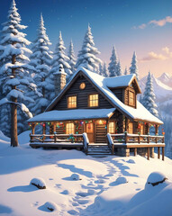 Poster - snow covered cabin with holiday decorations in winter christmas