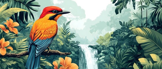  A vibrant illustration of a local bird species perched on a branch, surrounded by native plants and a flowing stream, symbolizing the harmony of local wildlife