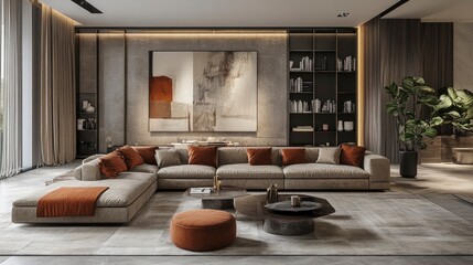 Living room with a large sectional sofa, abstract art on the walls, potted plants in the corners, bright natural lighting