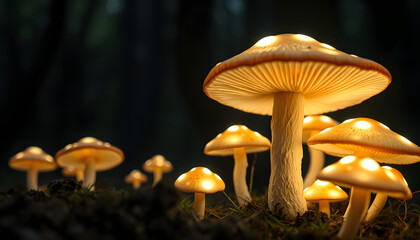 Mushroom. Fantasy glowing mushrooms in mystery dark forest closeup isolated with white highlights, png