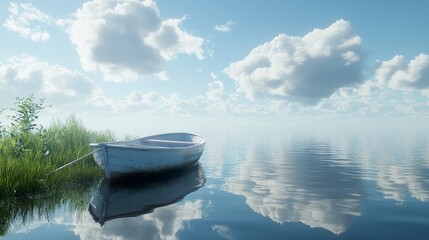 Overcast afternoon at a lake, grey clouds reflecting on the water, a rowboat tied to the shore, soft natural lighting